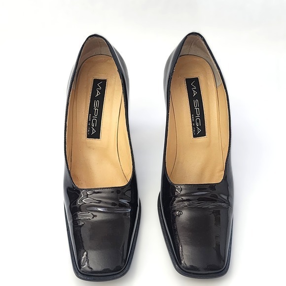 Vintage :: Via Spiga Pumps Dark Brown Patent Leather Sparkle Chunky Size 8.5 M - Picture 10 of 13